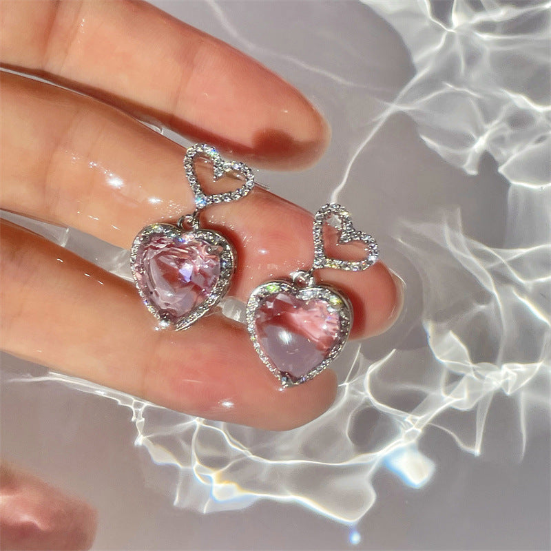 Premium Pink Crystal Heart Earrings