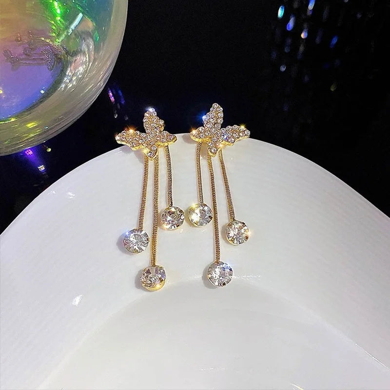Elegant Butterfly Rhinestone & Pearl Tassel Drop Earrings