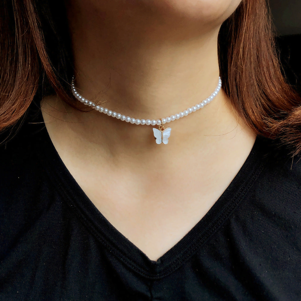 Elegant White Pearl Butterfly Choker Necklace