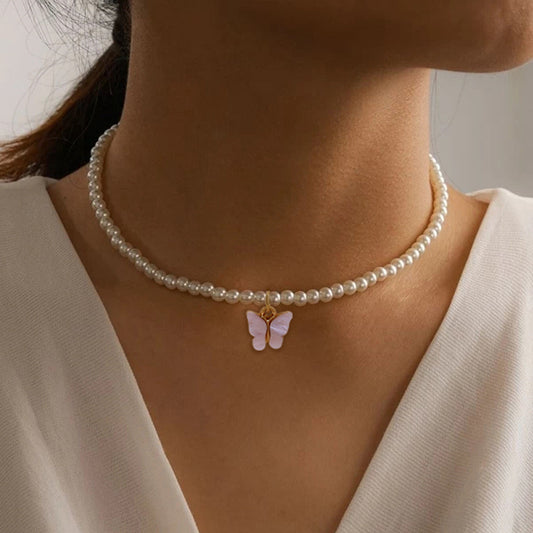Elegant White Pearl Butterfly Choker Necklace