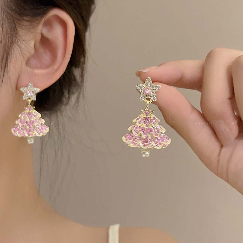 Sparkling Zircon Christmas Tree Dangle Earrings