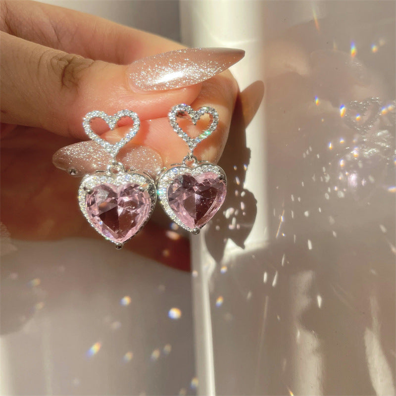 Premium Pink Crystal Heart Earrings