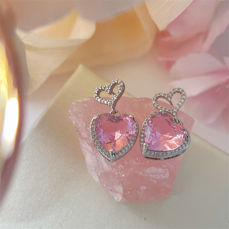 Premium Pink Crystal Heart Earrings
