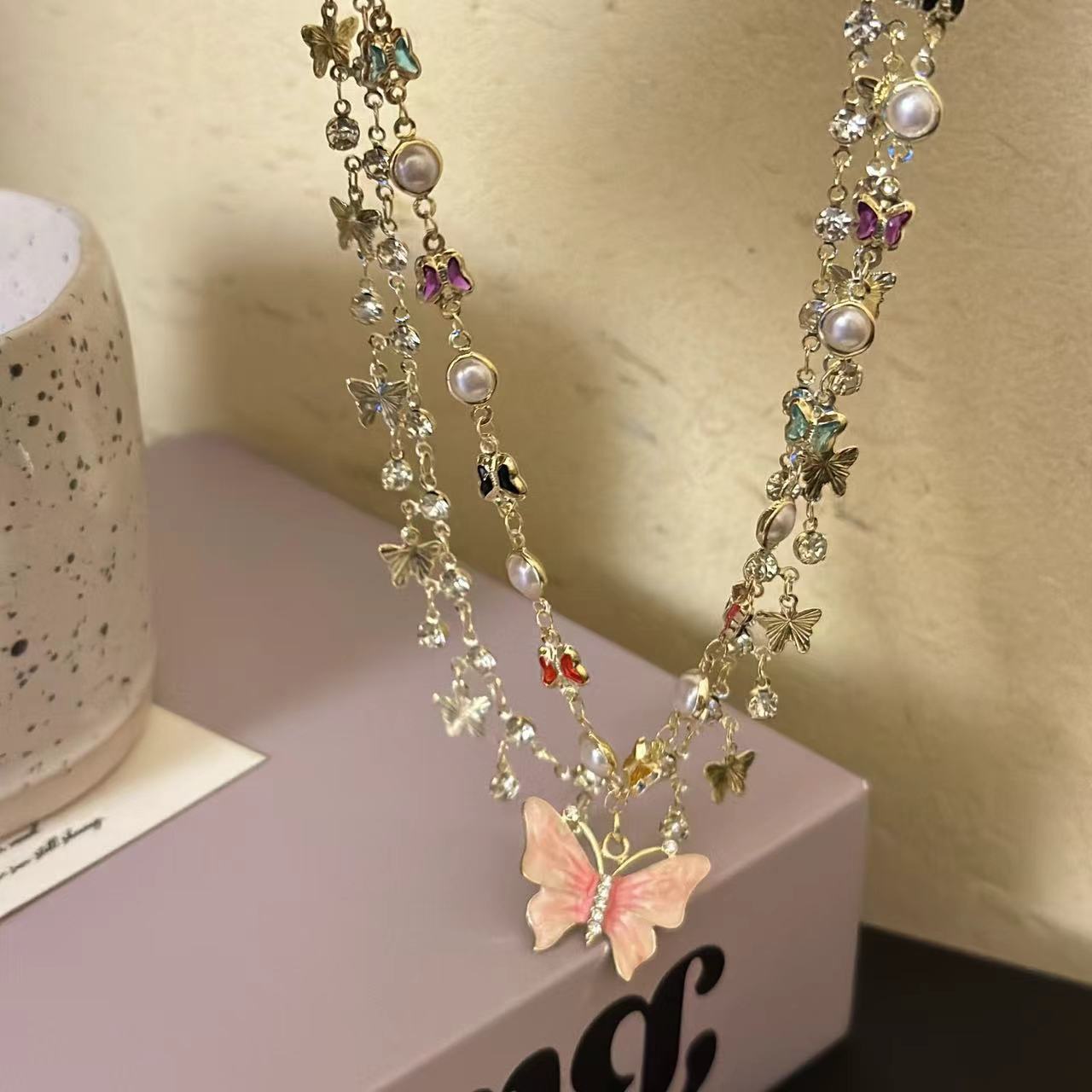 Double-Layer Pearl & Butterfly Pendant Necklace