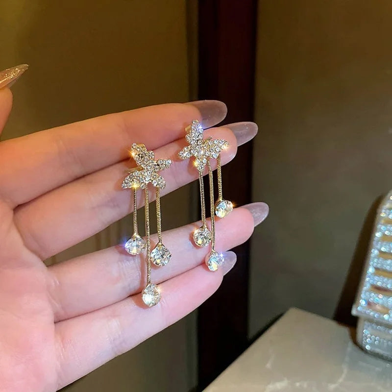 Elegant Butterfly Rhinestone & Pearl Tassel Drop Earrings