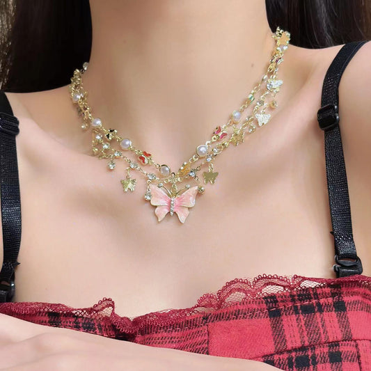 Double-Layer Pearl & Butterfly Pendant Necklace