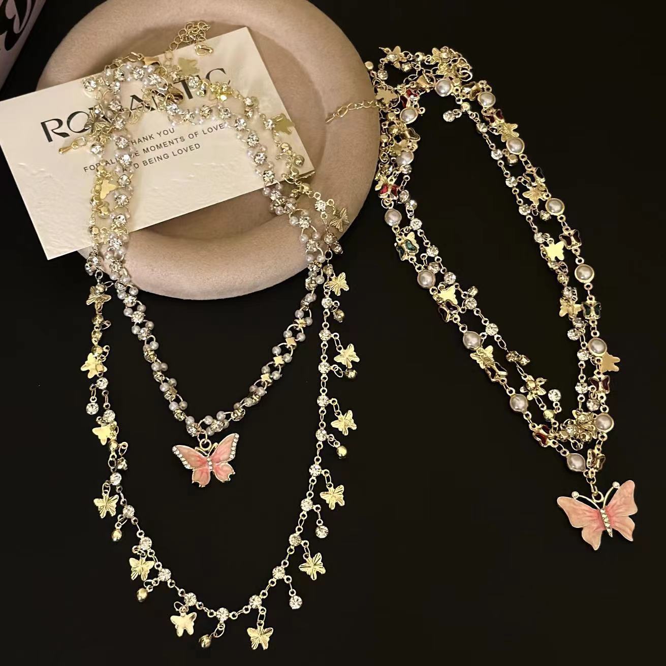 Double-Layer Pearl & Butterfly Pendant Necklace