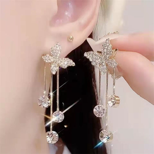 Elegant Butterfly Rhinestone & Pearl Tassel Drop Earrings