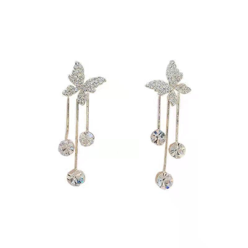 Elegant Butterfly Rhinestone & Pearl Tassel Drop Earrings