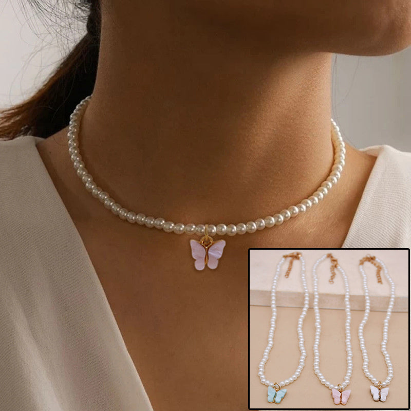 Elegant White Pearl Butterfly Choker Necklace