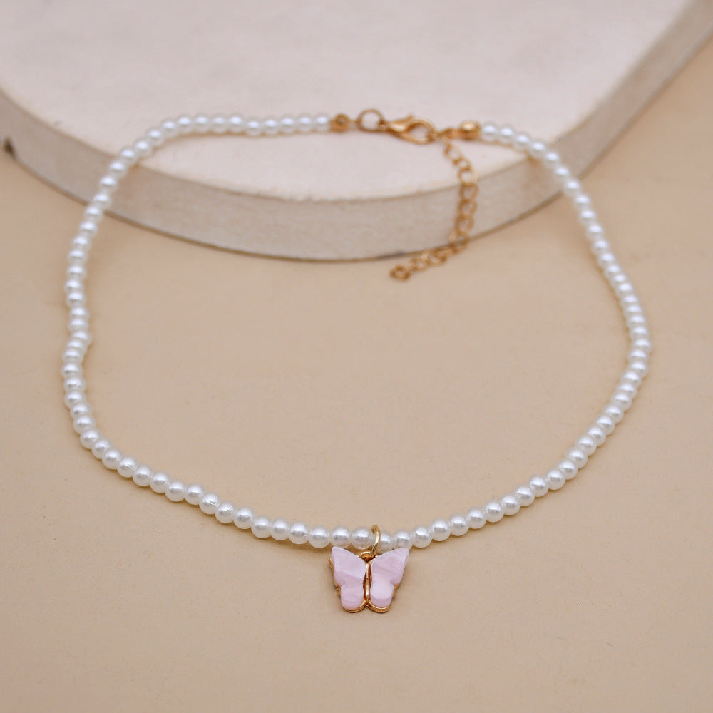 Elegant White Pearl Butterfly Choker Necklace