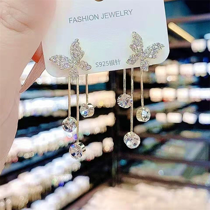 Elegant Butterfly Rhinestone & Pearl Tassel Drop Earrings