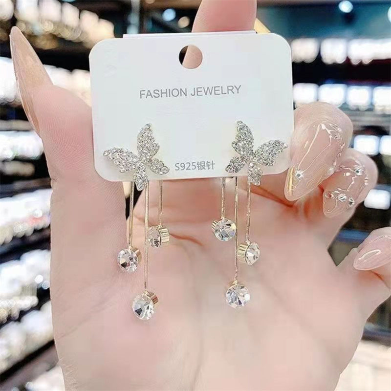 Elegant Butterfly Rhinestone & Pearl Tassel Drop Earrings
