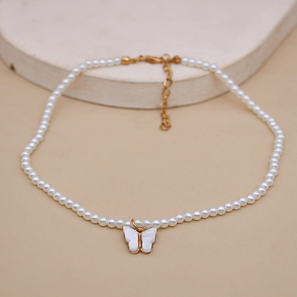 Elegant White Pearl Butterfly Choker Necklace