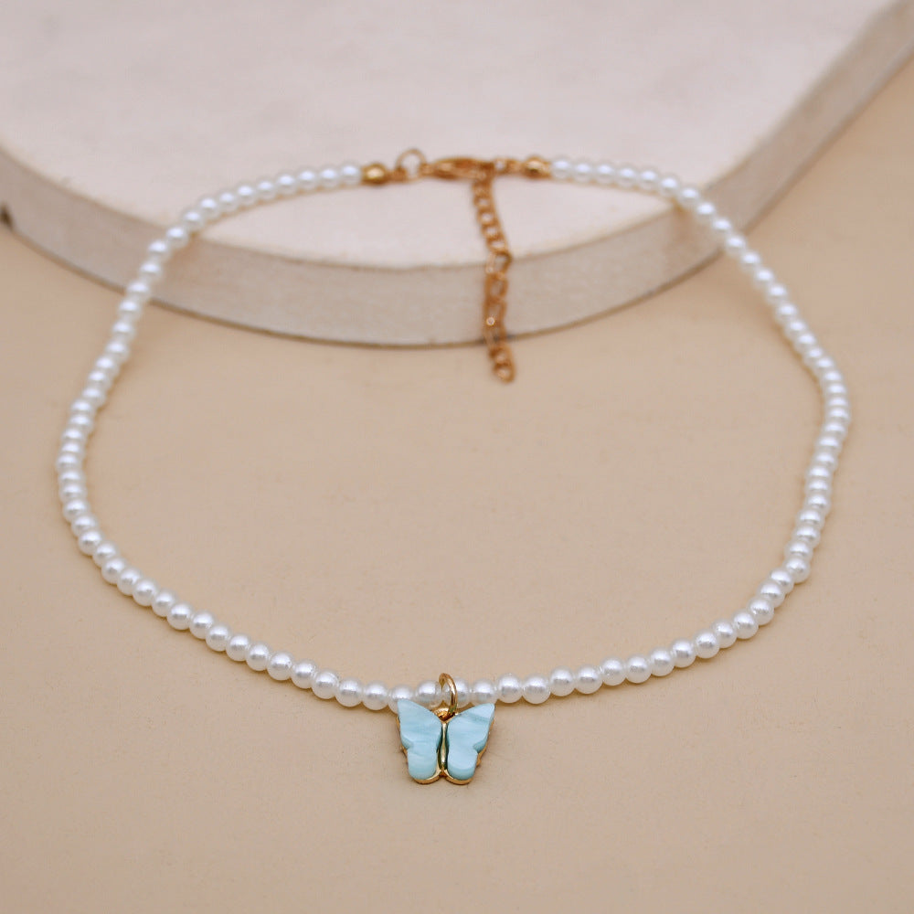 Elegant White Pearl Butterfly Choker Necklace