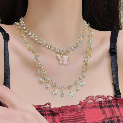 Double-Layer Pearl & Butterfly Pendant Necklace
