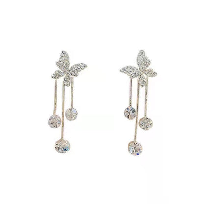 Elegant Butterfly Rhinestone & Pearl Tassel Drop Earrings